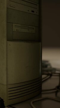 Dusty computing towers sit side by side, their beige exterior hinting at an outdated tech era. Cables snake around them, creating an atmosphere of nostalgia and memories of past innovations.