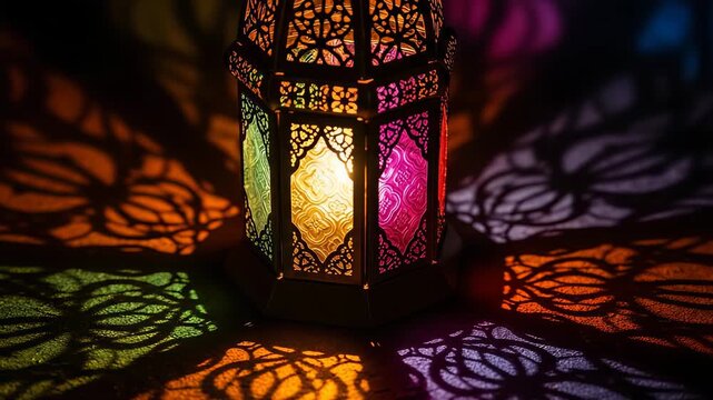 Elegant ramadan lantern casting colorful light pattern and shadow. Illuminated arabic lamp decoration and traditional festive setting footage.