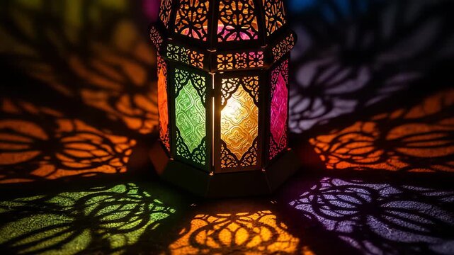 Rotating arabic ornamental lantern creating colorful shadows and light patterns for ramadan festival. Islam holiday footage motion graphic.