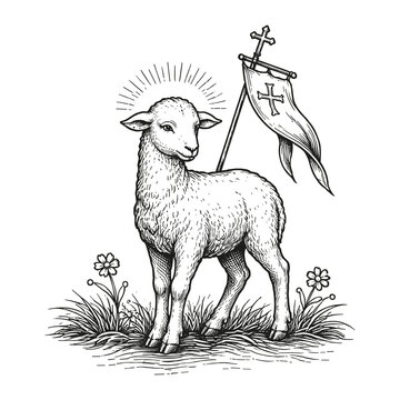 Agnus Dei lamb with cross flag, symbolizing Jesus, sacrifice, purity, and resurrection, perfect for Easter and Christian faith themes, vector illustration.