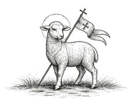 Lamb of God with halo and cross flag, symbol of Jesus, resurrection, and purity, ideal for Easter and Christian faith themes, vector illustration.
