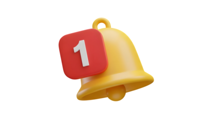 Notification bell icon with red alert badge isolated on transparent background