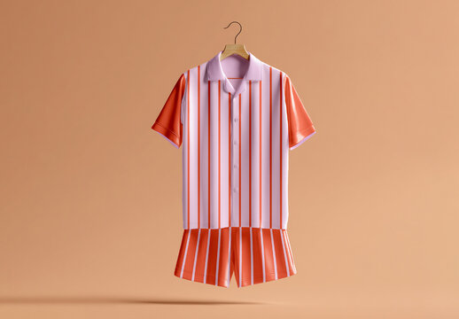 Pajama Set Mockup Hanging on Wooden Hanger