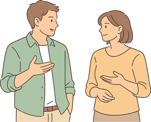 Fototapeta premium Image Generation. Colleagues discussing professional ideas during a casual work exchange, standing side by side with gentle hand