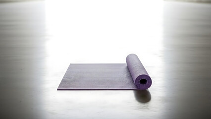 A single purple yoga mat unrolling on a glossy floor, ready for a mindfulness practice in a bright, tranquil space