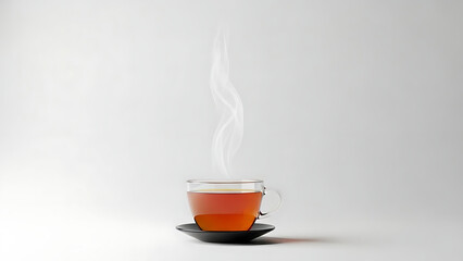 Aromatic hot tea in a clear glass cup with steam rising, captured against a plain white background