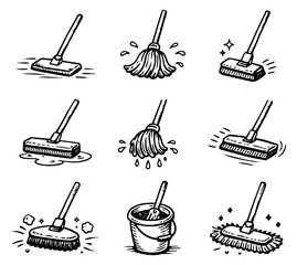 Hand drawn cleaning tools set featuring mops, scrubbing brushes, and a bucket for household chores