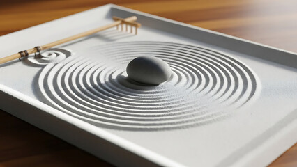 Serene Zen garden with a smooth stone in the center of perfectly raked sand circles, symbolizing balance, harmony, and mindfulness