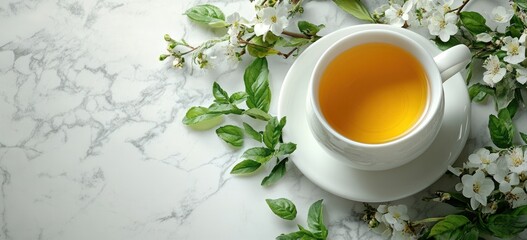 White teacup with amber tea on marble, surrounded by fresh green leaves and white blossoms