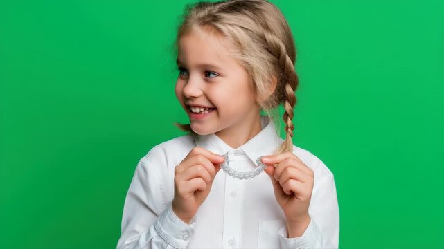 Little girl smiling and holding aligner on green screen: dental care and youthful joy