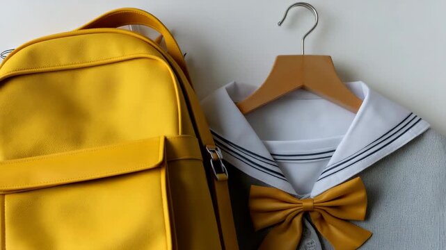 Yellow backpack and school uniform on display with notepad and pencils