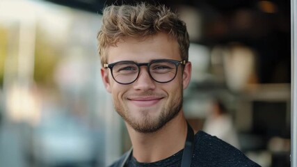 A young man with glasses, working in a coffee shop. He is smiling and seems to be enjoying his job.