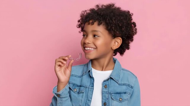 Smiling child demonstrating clear dental aligners
