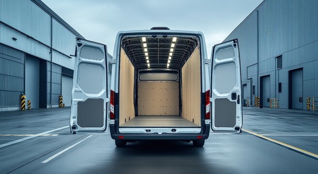Rear view of an empty white cargo delivery van with its back doors open in an industrial yard