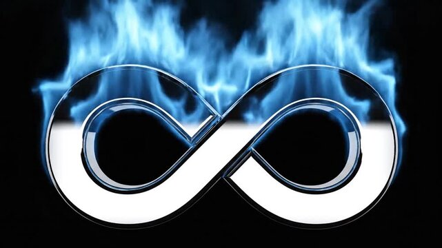 Glowing infinity symbol, with a chrome effect and blue flame. Set against a dark background