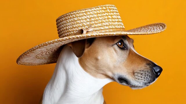 Curious dog wearing straw hat turns its head against orange background