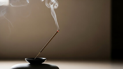 Aromatherapy incense stick burning with smoke rising, creating a serene and calming atmosphere