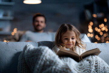 Girl Reading Book on Sofa with Father in Background - Connectioneering