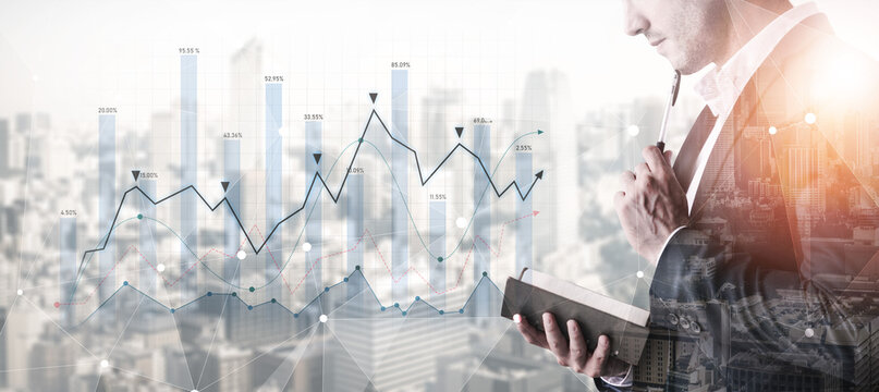 A thoughtful businessman reviews financial data charts amidst a bustling urban skyline, focusing on analytics and trends for informed decision making and growth strategies. Scalp - Powered by Adobe