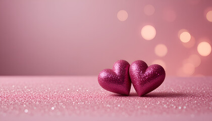 Fototapeta premium Two Glittery Pink Hearts on Sparkling Pastel Pink Background