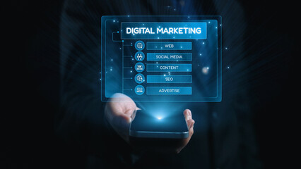 Digital marketing strategy broken down into categories: web, SEO, content, social media, and advertise. Digital tools enhance online marketing success across digital platforms. Elide