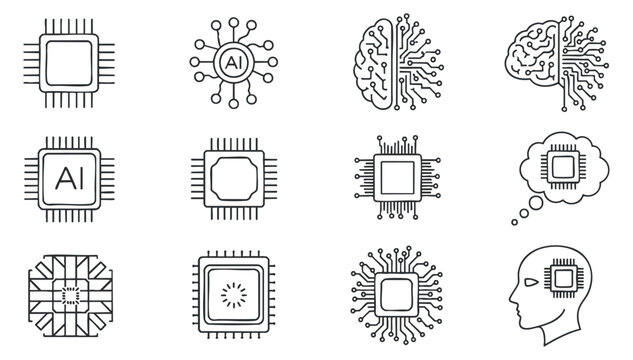 A collection of AI and technology-themed icons featuring circuit chips, neural networks, and brain concepts in outline vector style, suitable for tech-related projects and branding