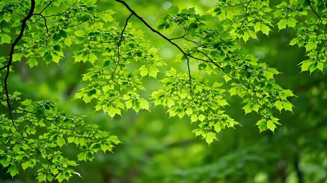 Sunlight filters through vibrant green maple leaves on tree branches. The lush foliage creates a serene and natural forest canopy.