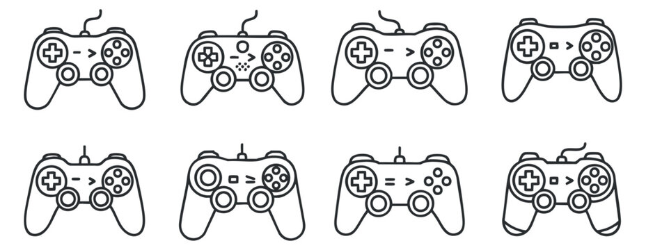 A collection of eight gaming controllers in minimalist outline vector style, ideal for gaming-themed designs and illustrations