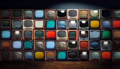 a wall of vintage televisions with static and colorful images playing on their screens in a dark room creating a sense of overwhelming information