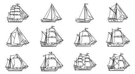 A collection of various sailboats and ships in black and white outline vector style, suitable for nautical-themed designs