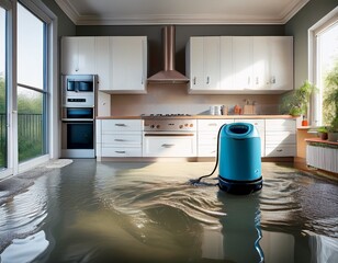 flooded kitchen with water damage and dehumidifier symbolizing water extraction and mitigation