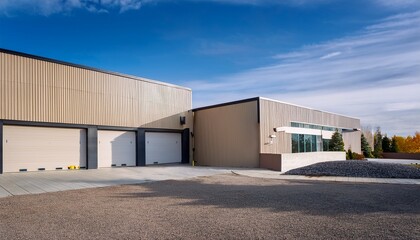 modern warehouse complex with small office unit exterior features diverse cladding in beige light gray tones multiple loading docks business entrance visible property stands on paved area with
