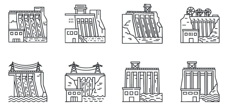 A collection of eight dam and hydropower plant icons in line art vector style, suitable for environmental and engineering projects