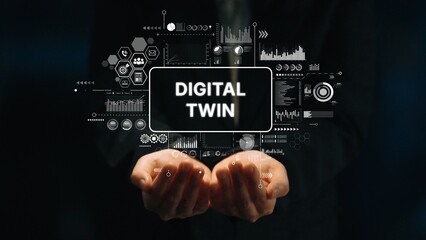 Businessperson Presenting Concept of Digital Twin Technology with Data Visualization Elements in...