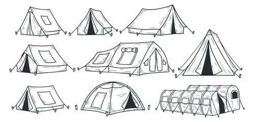 A collection of various camping tents in black and white sketch style, ideal for outdoor adventure illustrations