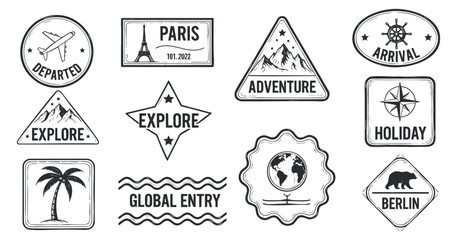 Obraz premium A collection of travel-themed vector icons including stamps and stickers for Paris, Berlin, and adventure destinations in minimalist black and white style, perfect for travel blogs and brochures.