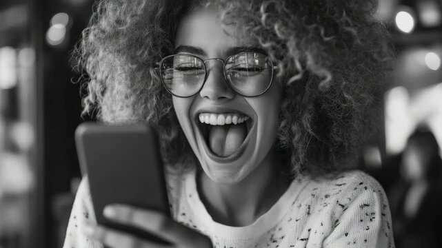 A person with a joyful expression, possibly sharing a funny text or watching a fun video on their device.