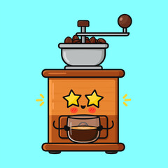 Cute coffee grinder cartoon character enjoying fresh brew