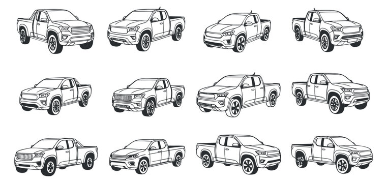 A collection of pickup truck illustrations in black and white outline vector style, suitable for automotive design and branding