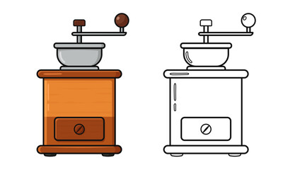 Vintage manual coffee grinder illustration and outline drawing