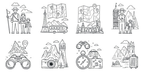 Obraz premium A collection of travel-themed icons including mountains, binoculars, maps, and landmarks in black and white outline style, perfect for adventure and tourism projects