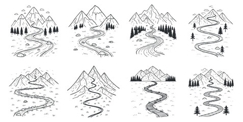 Fototapeta premium A collection of scenic mountain landscapes with winding roads in black and white line art style, ideal for travel and adventure designs