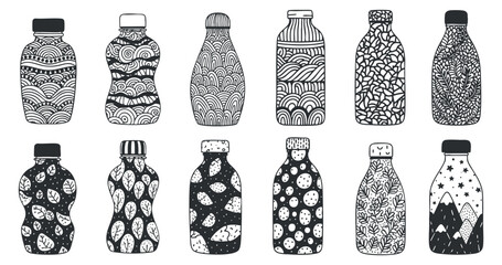 A collection of decorative bottles with various patterns in black and white vector style, ideal for branding and packaging design