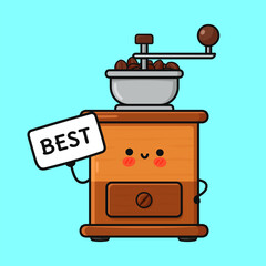 Cute coffee grinder character holding best sign