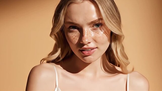 A close up of a stunning young woman with blonde hair and natural freckles smiling gently against a warm beige background, captured with soft sunlight casting artistic shadows on her glowing face.