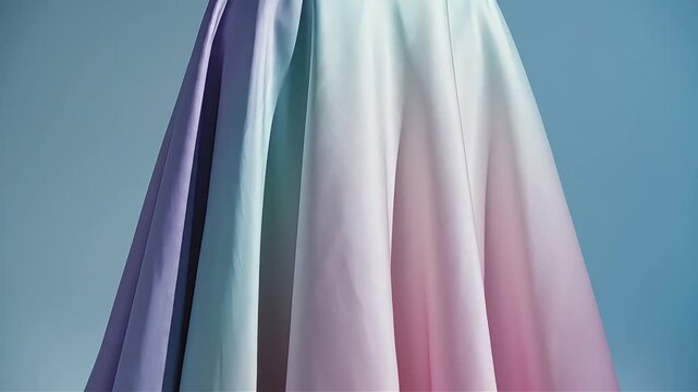Elegant light purple satin evening dress displayed on a mannequin against a soft blue background. The dress features a pleated wrap bodice and a smooth flowing skirt under gentle studio lighting.