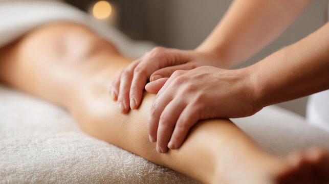 Close-up of a Therapist's Hands Performing a Lymphatic Drainage Massage on a Woman's Leg at a Spa
