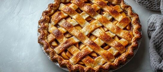 Golden-brown lattice-top fruit pie in foil pan on light surface with grey cloth