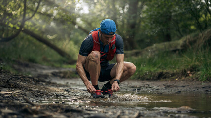 Trail runner ties laces after splashing through strem