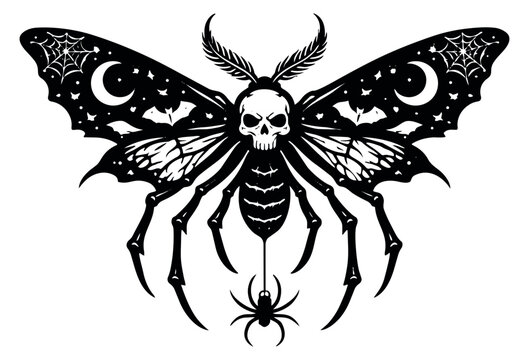 Gothic line art illustration of a moth with skull head and dangling spider depicting dark fantasy elements for halloween designs